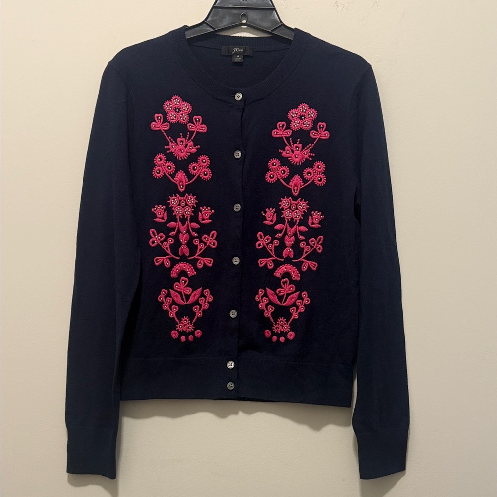 J. Crew Dark Blue Cardigan with Vibrant Pink Detailing - Picture 3 of 9
